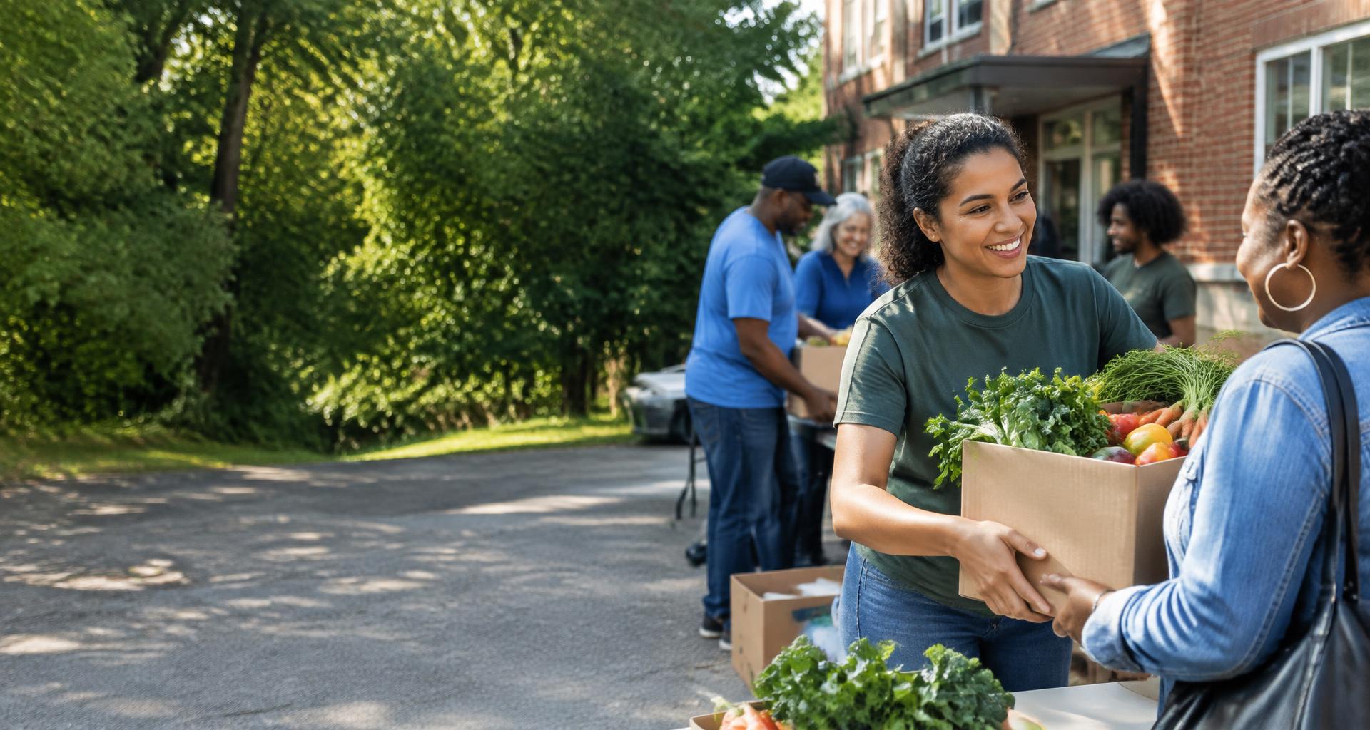 Illustrative scene of neighbors sharing fresh food at a community distribution